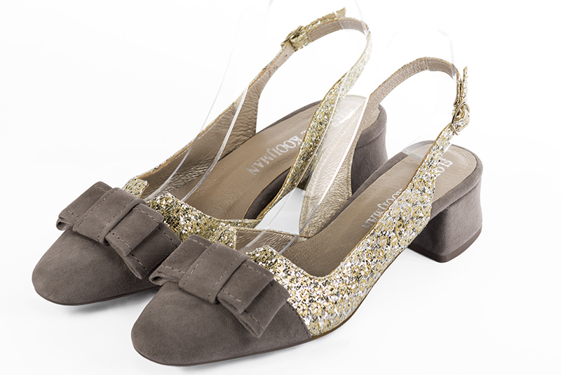 Pebble grey and gold women's open back shoes, with a knot. Round toe. Low flare heels. Front view - Florence KOOIJMAN